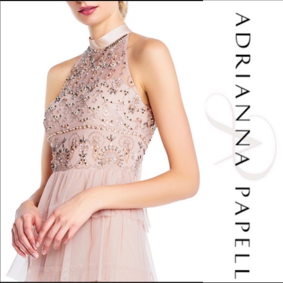 Adrianna Papell tiered tulle skirt beaded bodice - Picture 3 of 9
